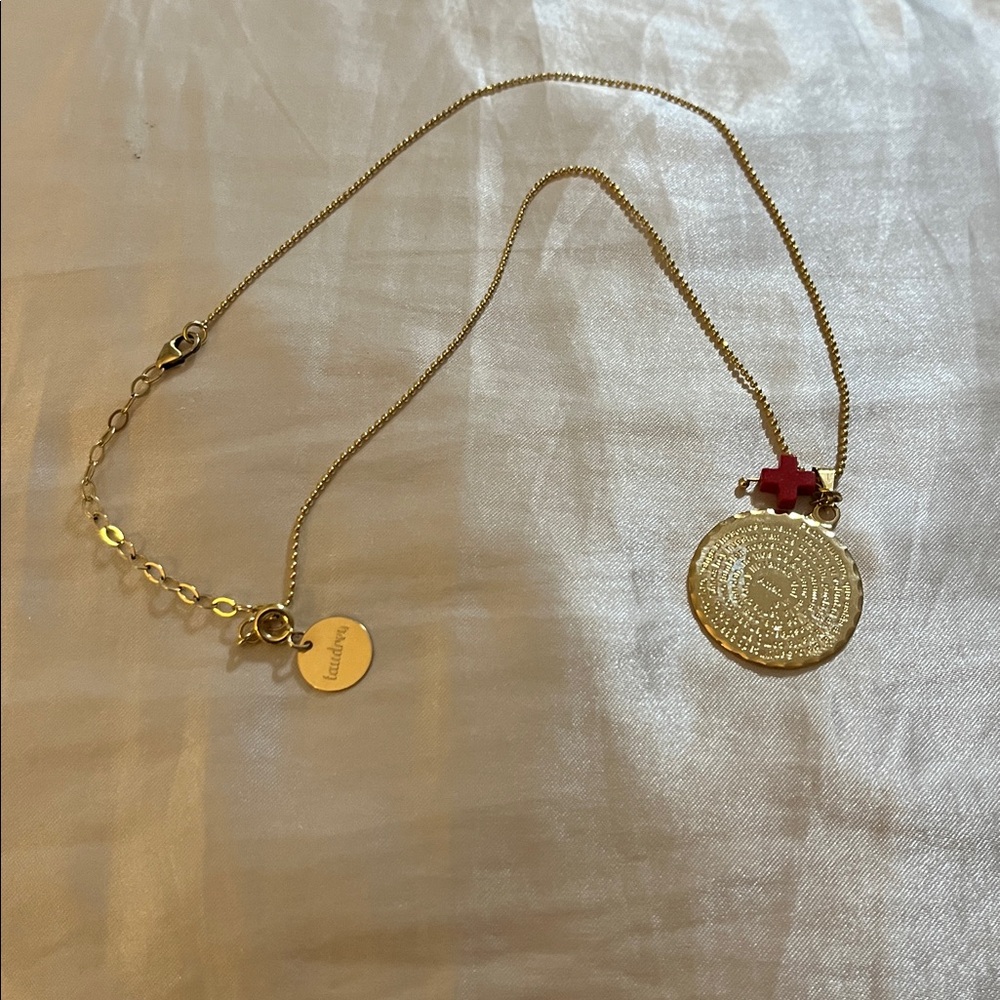 Gold Tone Pendant Necklace with Red Cross & Prayer Charm